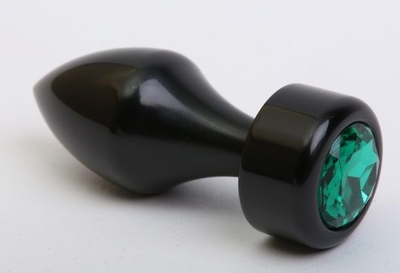 Чёрная анальная пробка с широким основанием и зелёным кристаллом - 7,8 см. - фото, цены