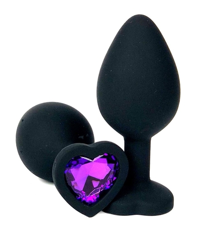 Черная силиконовая пробка с фиолетовым кристаллом-сердцем - 8 см. - фото, цены