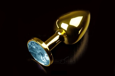 Маленькая золотистая анальная пробка с круглым кончиком и голубым кристаллом - 7 см. - фото, цены