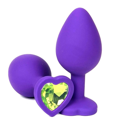 Фиолетовая силиконовая анальная пробка с лаймовым стразом-сердцем - 8 см. - фото, цены