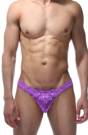 Мужские фиолетовые трусы-тонги из кружева - фото, цены