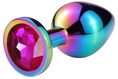 Разноцветная гладкая анальная пробка с розовым кристаллом - 7,5 см. - фото, цены
