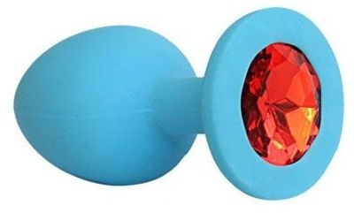 Голубая силиконовая анальная пробка с красным кристаллом - 9,5 см. - фото, цены