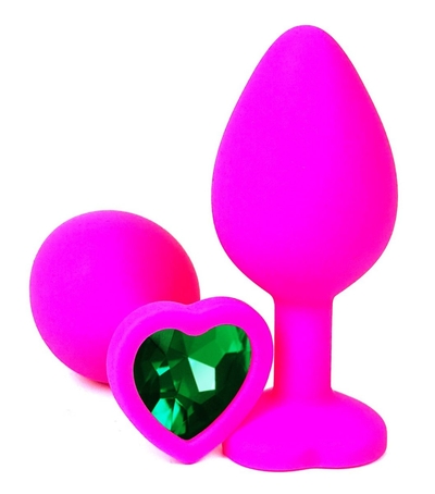 Розовая силиконовая пробка с зеленым кристаллом-сердцем - 8 см. - фото, цены
