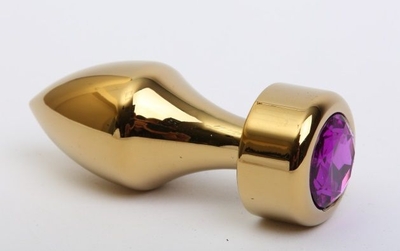 Золотистая анальная пробка с широким основанием и фиолетовым кристаллом - 7,8 см. - фото, цены