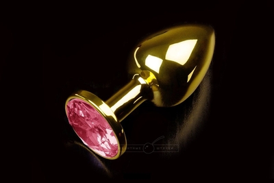 Маленькая золотистая анальная пробка с круглым кончиком и рубиновым кристаллом - 7 см. - фото, цены