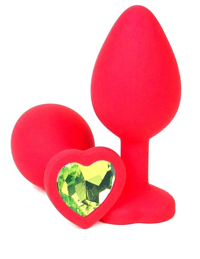 Красная силиконовая анальная пробка с лаймовым стразом-сердцем - 8,5 см. - фото, цены