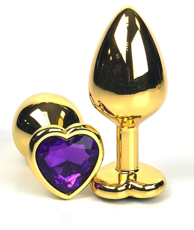 Золотистая анальная пробка с фиолетовым кристаллом-сердцем - 6 см. - фото, цены