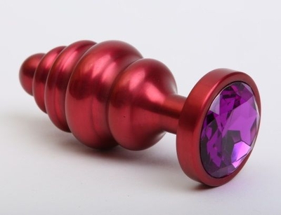 Красная ребристая анальная пробка с фиолетовым стразом - 7,3 см. - фото, цены