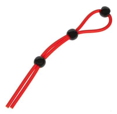 Красное эрекционное лассо с 3 черными бусинами для утяжки - фото, цены