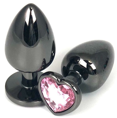 Черная металлическая анальная пробка с нежно-розовым стразом-сердечком - 6,5 см. - фото, цены