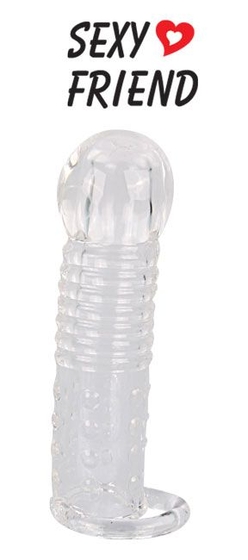 Прозрачная закрытая насадка на фаллос с кольцом для мошонки - 13,5 см. - фото, цены