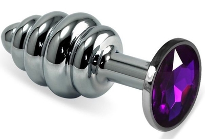 Серебристая ребристая анальная пробка с фиолетовым стразом - 7,5 см. - фото, цены