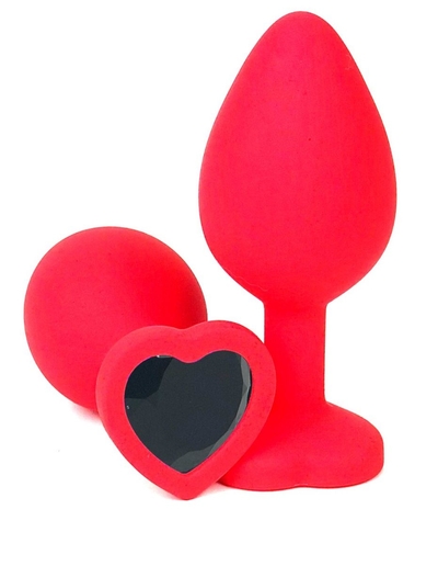 Красная силиконовая анальная пробка с черным стразом-сердцем - 8,5 см. - фото, цены