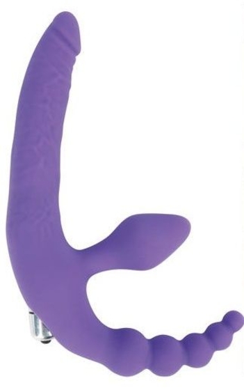 Фиолетовый безремневой страпон с анальным отростком и вибрацией - 15 см. - фото, цены