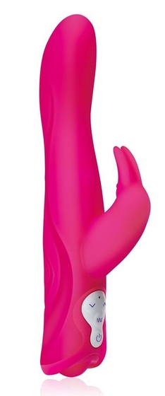 Розовый силиконовый вибромассажер с клиторальным отростком - 25 см. - фото, цены