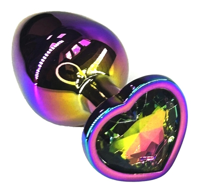 Анальная пробка цвета неохром с радужным кристаллом в форме сердца - 8 см. - фото, цены
