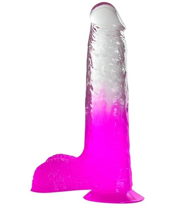 Фиолетовый фаллоимитатор с мошонкой, прозрачным стволом и присоской - 17,8 см. - фото, цены
