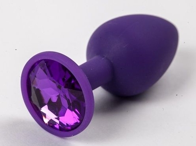 Фиолетовая силиконовая анальная пробка с фиолетовым стразом - 7,1 см. - фото, цены