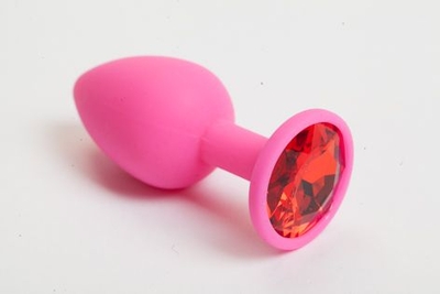 Розовая силиконовая анальная пробка с красным стразом - 7,1 см. - фото, цены