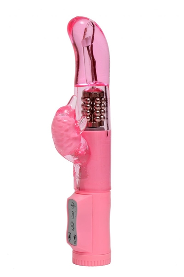 Розовый вибратор с изогнутой головкой и ротацией - 21,5 см. - фото, цены