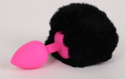 Розовая анальная пробка с черным хвостом Задорный Кролик - фото, цены