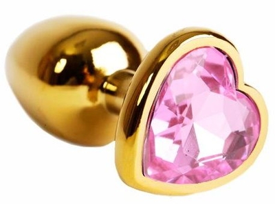 Золотистая анальная пробка с нежно-розовым кристаллом в форме сердца - 6 см. - фото, цены