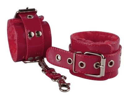Бордовые лаковые наручники с меховым подкладом - фото, цены