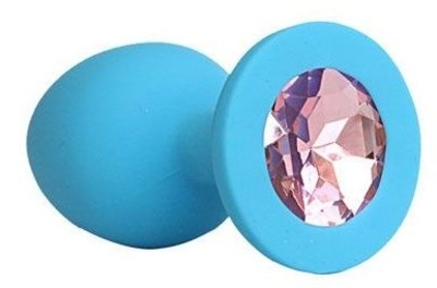 Голубая силиконовая анальная пробка с нежно-розовым кристаллом - 9,5 см. - фото, цены