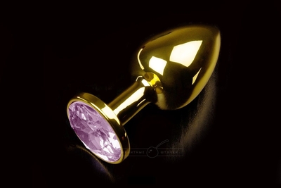 Маленькая золотистая анальная пробка с круглым кончиком и розовым кристаллом - 7 см. - фото, цены