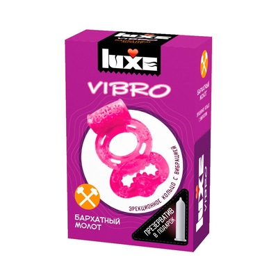 Розовое эрекционное виброкольцо Luxe Vibro Бархатный молот + презерватив - фото, цены