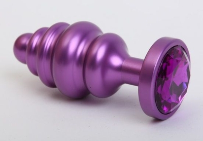 Фиолетовая ребристая анальная пробка с фиолетовым кристаллом - 7,3 см. - фото, цены
