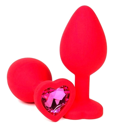 Красная силиконовая анальная пробка с розовым стразом-сердцем - 10,5 см. - фото, цены