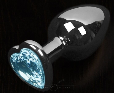 Серая анальная пробка с голубым кристаллом в виде сердечка - 8,5 см. - фото, цены