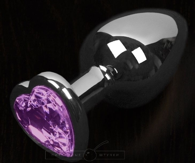 Серая анальная пробка с фиолетовым кристаллом в виде сердечка - 8,5 см. - фото, цены