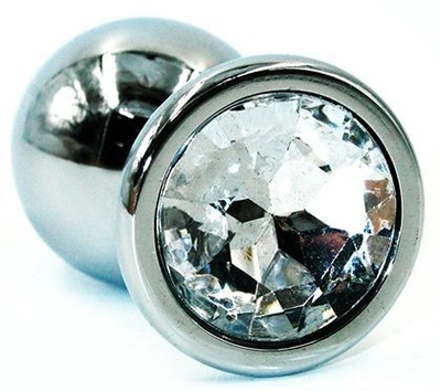 Серебристая коническая анальная втулка с прозрачным кристаллом - 8 см. - фото, цены