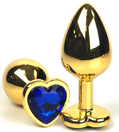 Золотистая анальная пробка с синим кристаллом-сердцем - 8 см. - фото, цены