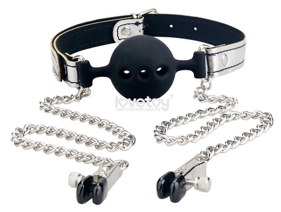 Серебристо-черный кляп с зажимами на соски Breathable Ball Gag With Nipple Clamp - фото, цены