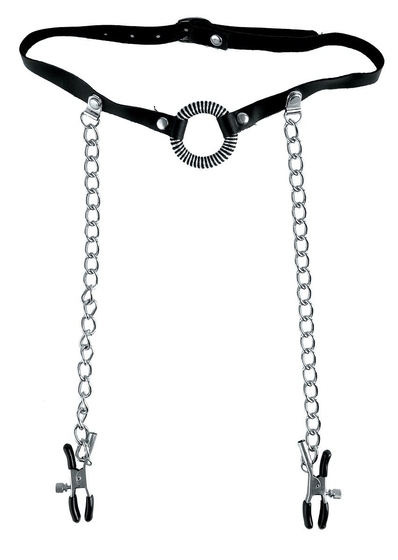 Кольцо-расширитель для рта с цепочками, соединяющими его с клипсами для сосков O-Ring Gag Nipple Clamps - фото, цены