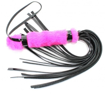 Черная лаковая плеть с розовой меховой рукоятью - 44 см. - фото, цены