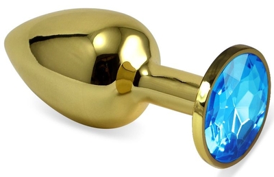 Золотистая анальная пробка с голубым кристаллом - 6,5 см. - фото, цены