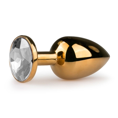 Золотистая анальная пробка с прозрачным кристаллом Metal Butt Plug - 7,2 см. - фото, цены