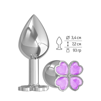 Средняя серебристая анальная втулка с клевером из сиреневых кристаллов - 8,5 см. - фото, цены