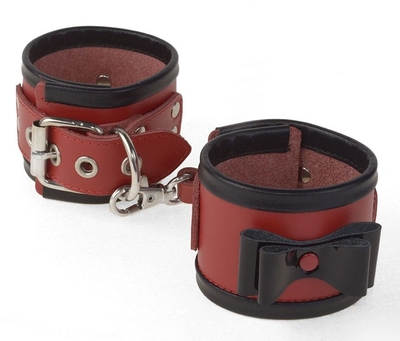 Красные наручники с черными лаковыми бантами и оторочкой - фото, цены