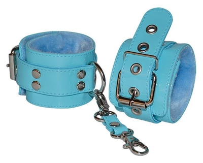 Голубые лаковые наручники с меховой отделкой - фото, цены
