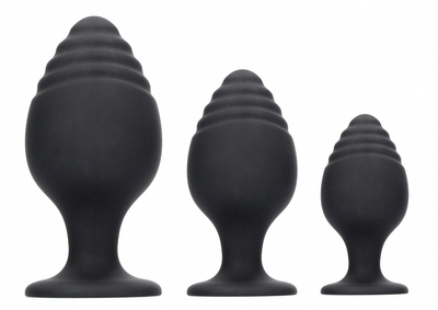 Набор из 3 черных анальных пробок Rippled Butt Plug Set - фото, цены