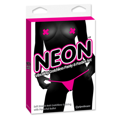 Ярко-розовые вибротрусики с вырезом и пэстисы Neon Vibrating Crotchless Panty and Pasties Set - фото, цены