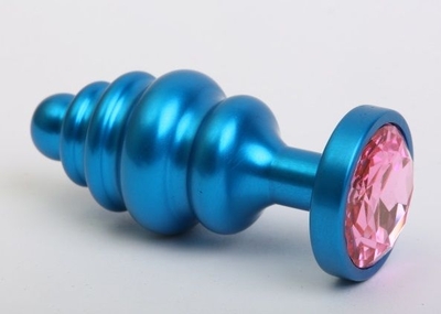 Синяя ребристая анальная пробка с розовым кристаллом - 7,3 см. - фото, цены