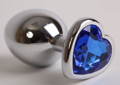 Серебристая анальная пробка с синим стразиком-сердечком - 8,2 см. - фото, цены