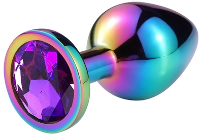 Разноцветная гладкая анальная пробка с фиолетовым кристаллом - 6,8 см. - фото, цены